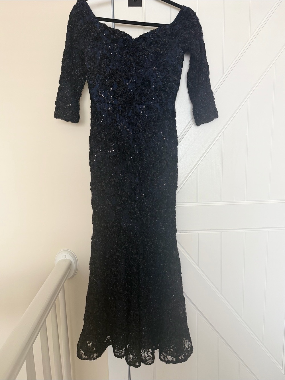 Xscape Black Beaded 3/4 Long-Sleeve Evening Gown